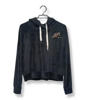 Polerón Crop de Terciopelo Gris con Bordado de Estrellas  – Talla M