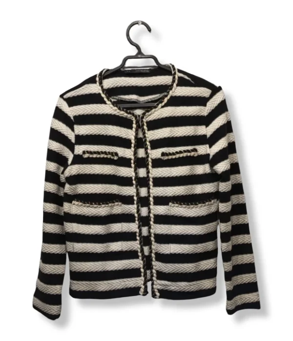 Chaqueta Sfera Estilo Chanel – Rayas Blanco y Negro, Talla 38