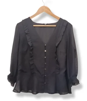 Blusa negra con vuelos y botones ASH – Talla 38