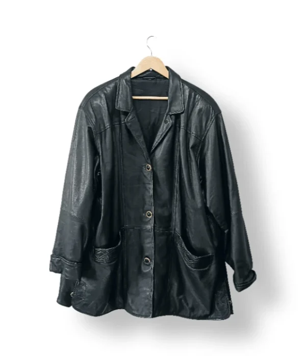 Chaqueta larga de cuero genuino Canda negra (Talla XL/XXL)