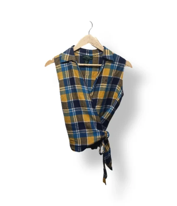 Blusa Cruzada Cuadrillé Polo Ralph Lauren 100% Lino – Talla S